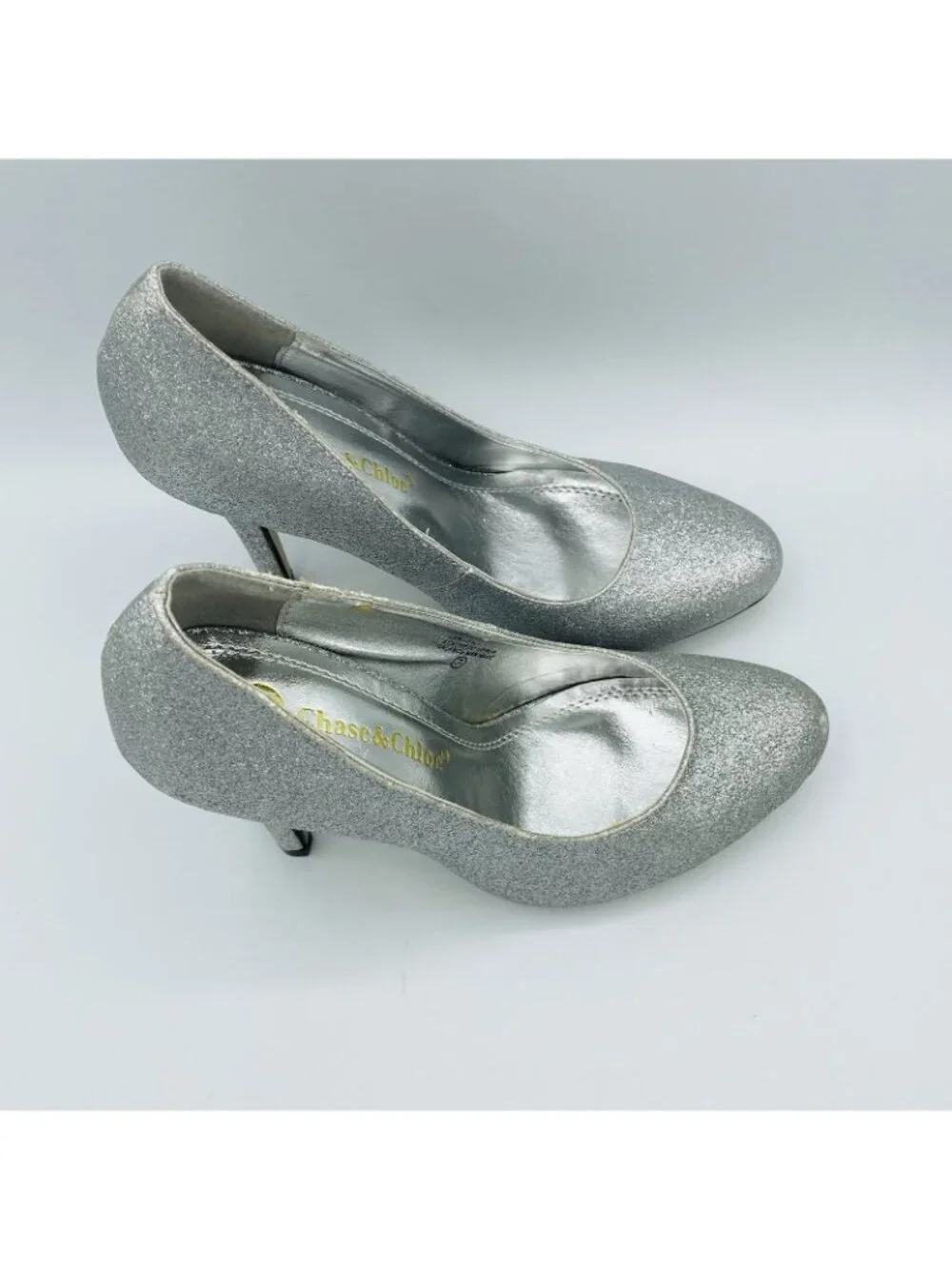 Chase & Chloe Shoes Womens Size 7 Silver Glitter Shiny Heels Stiletto Pumps Slip
